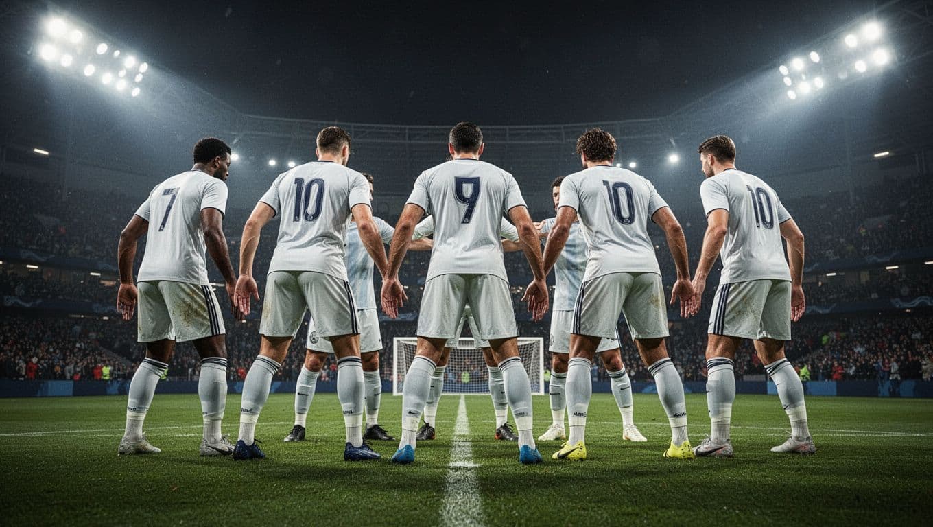 Six Alavés defenders in white jerseys form a tight block stopping opponents near penalty area on green field at Mendizorrotza under stadium lights.
