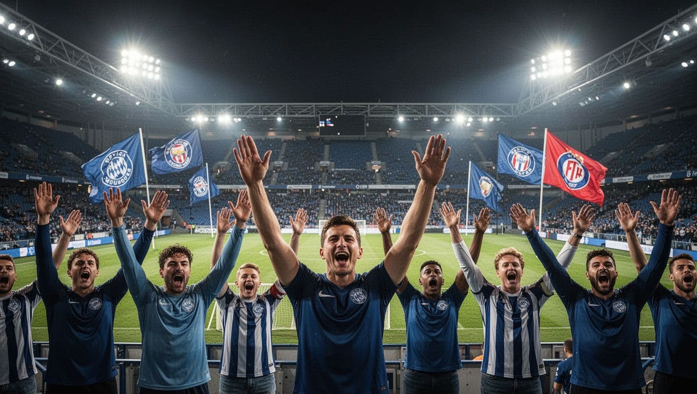 Group of Alavés supporters cheers with raised hands in foreground at Mendizorrotza stadium night game, spotlights light field and flags wave.