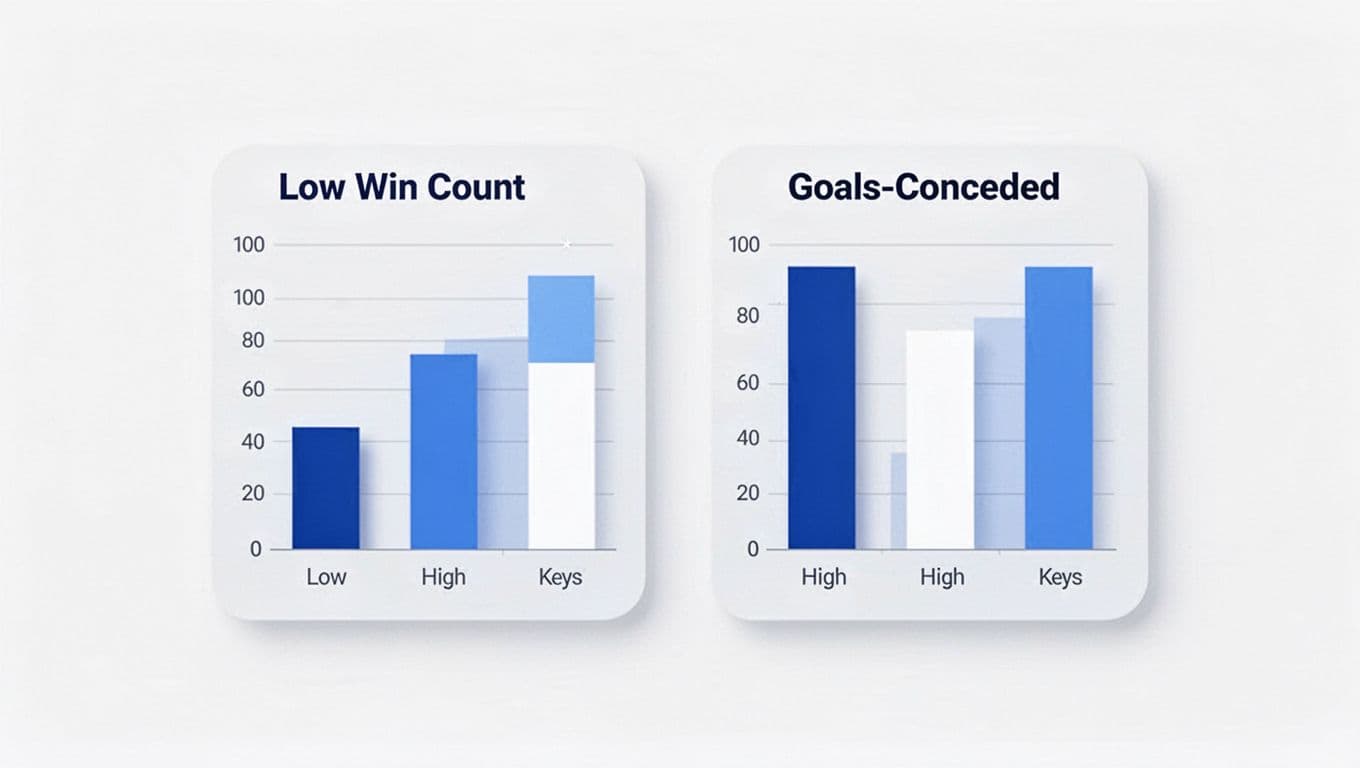 Blue-white bar charts on white background show Deportivo Alavés' 9 wins and 43 goals conceded in LaLiga.