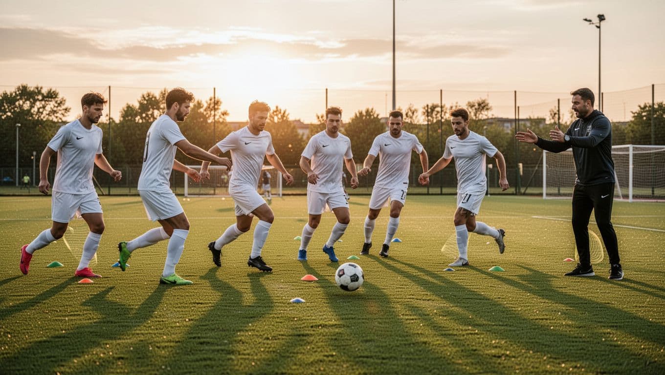 Six players in white jerseys practice attacking drills with one ball on green away field at sunset, coach directing.