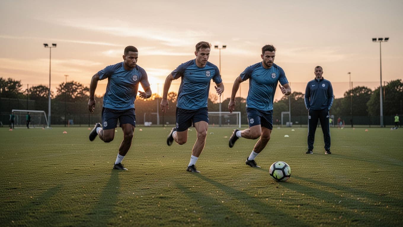 Three Alavés players run drills on green field at dusk, coach in background, one ball visible.