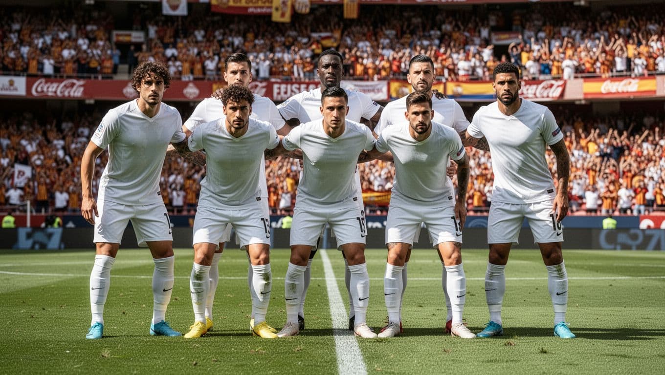 Six Alavés players in white jerseys form compact defensive block against pressing opponents on green field at Mendizorrotza stadium.