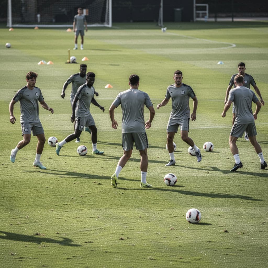 A group of professional football players in athletic kits train on a lush green grass pitch.
