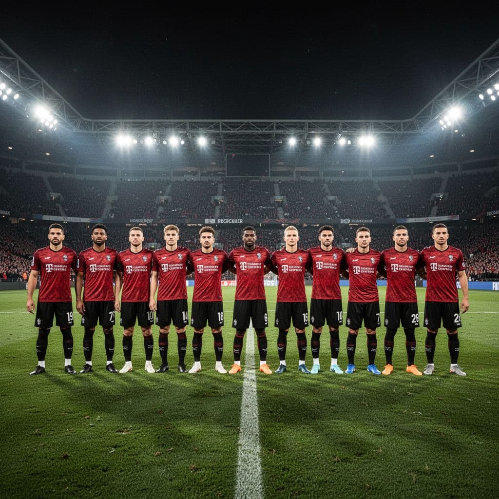 Eleven football players in red and black kits stand in a disciplined defensive formation on a green pitch.