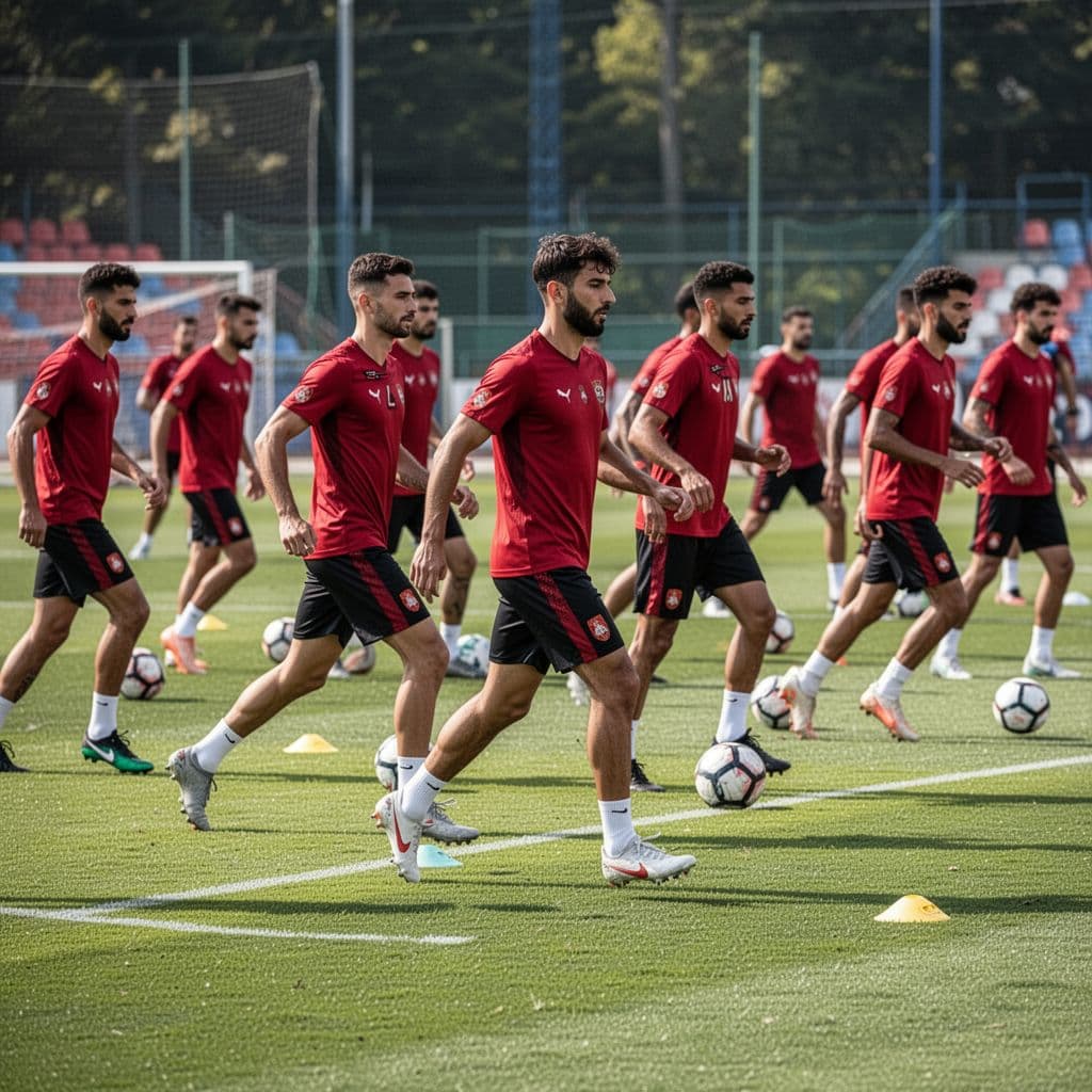 The Albanian national football team practices drills together on a lush green training pitch during daylight.