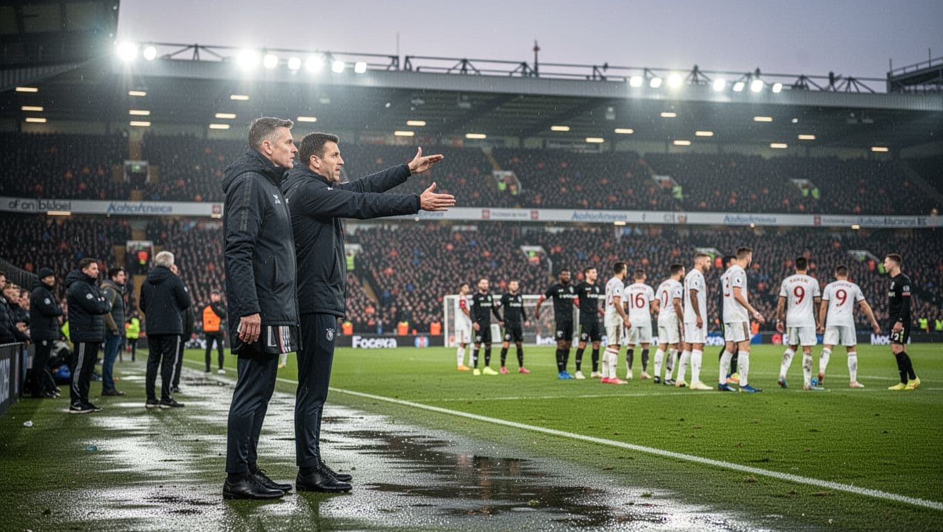 Alexander Blessin gestures from sideline to players on wet pitch under evening stadium lights with crowd behind during Bundesliga match.