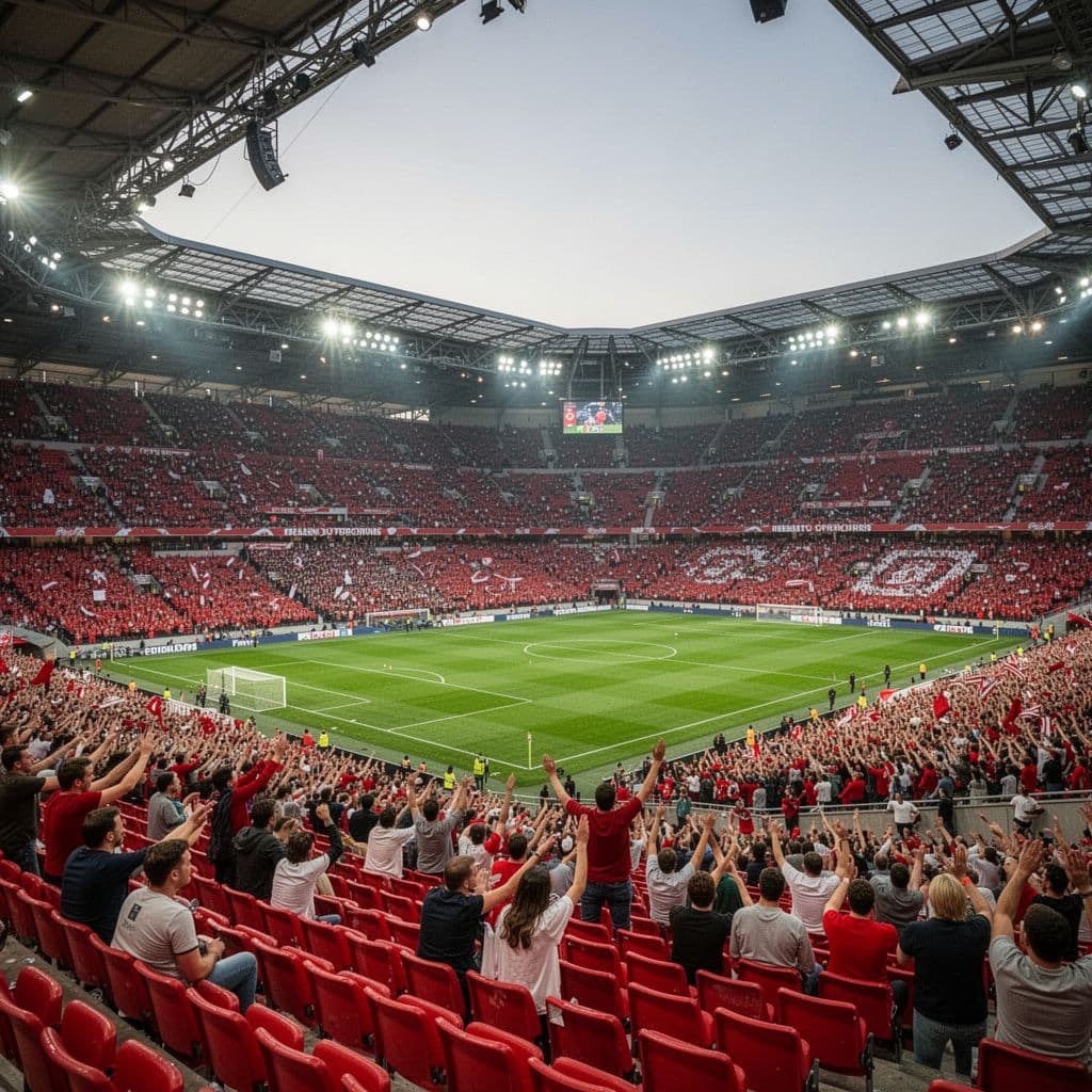 Wide-angle view inside Allianz Arena shows vibrant red seats, bright evening lights, and thousands of fans in stands.