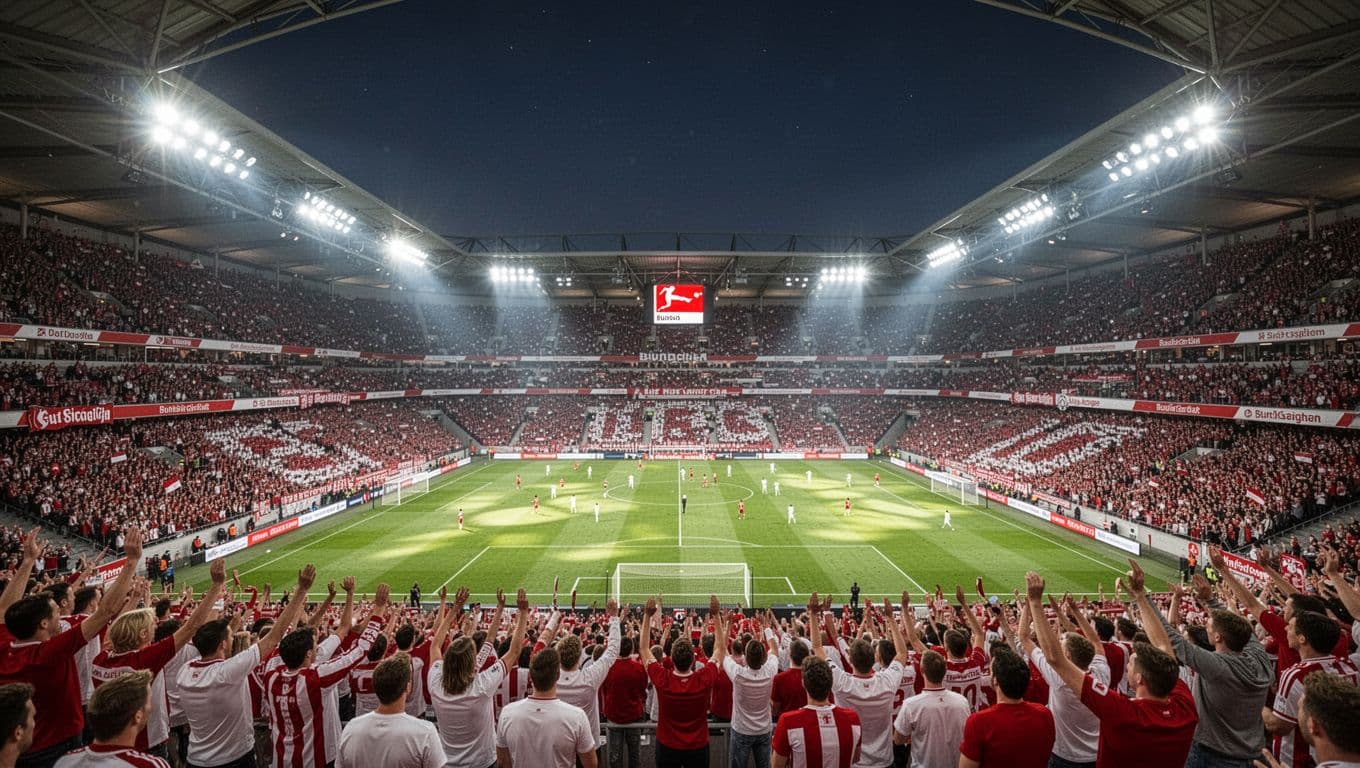 Packed Allianz Arena at night with floodlights on pitch and red-white fans cheering.