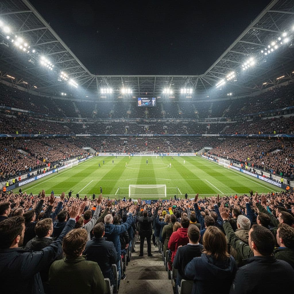 Allianz Arena stadium full of spectators under bright lights at night from stands view.