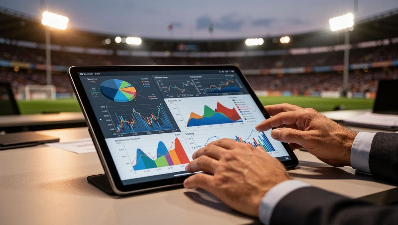 Sebuah tablet digital besar menampilkan grafik performa pemain dan data taktis di atas meja. Latar belakang stadion yang kabur memberikan suasana pertandingan malam hari yang sangat intens dan profesional.