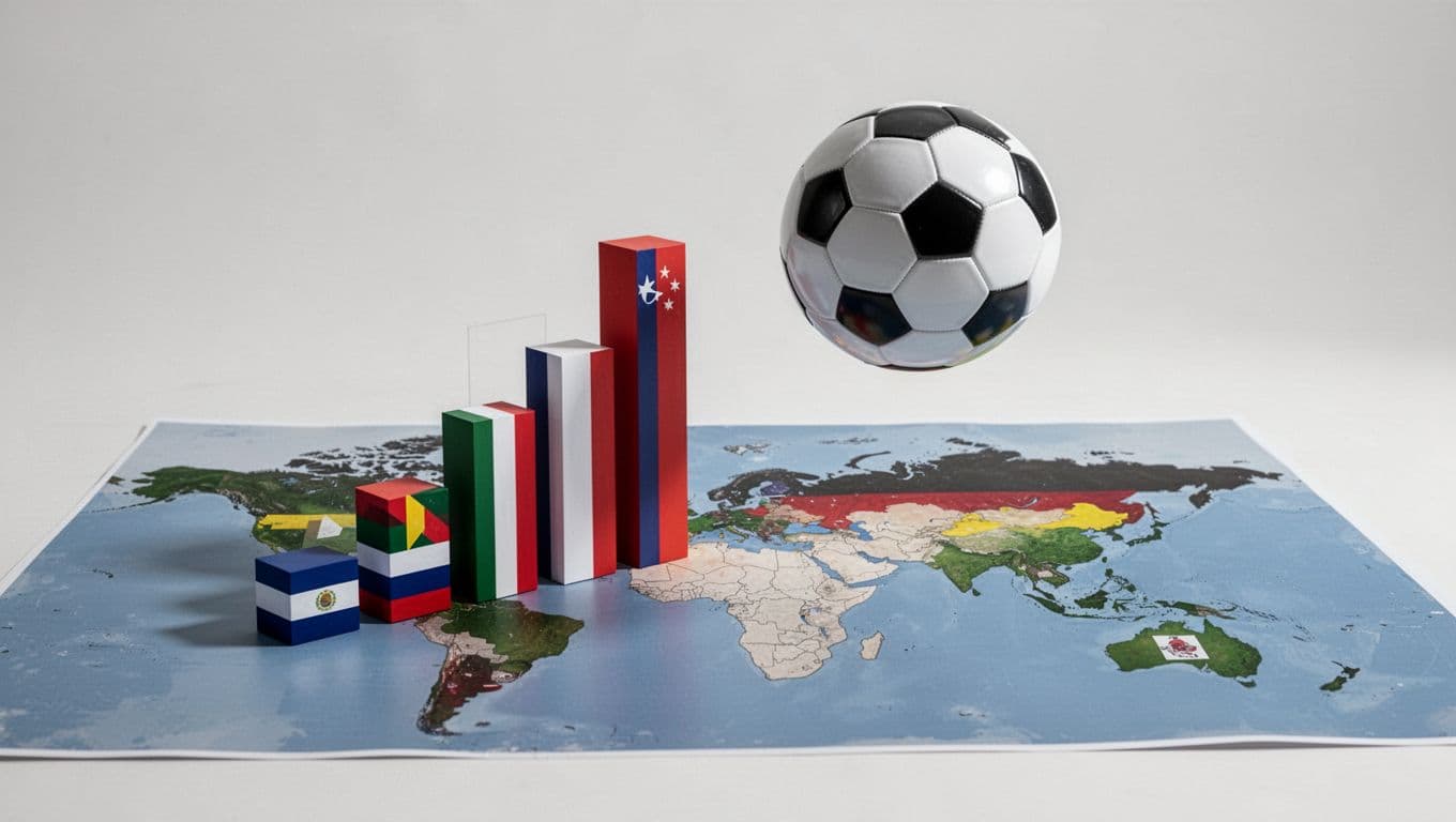 Grafik batang dengan warna bendera nasional tersusun rapi di atas peta dunia. Sebuah bola sepak diletakkan sebagai titik fokus utama dengan pencahayaan studio yang memberikan kesan bersih dan profesional.