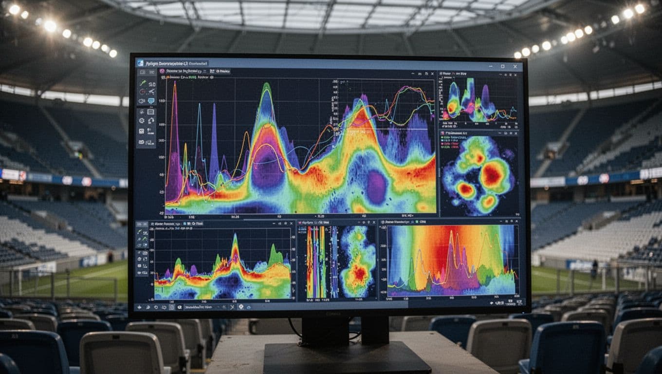 Layar digital menampilkan grafik data dan peta panas performa pemain di dalam stadion modern. Fokus kamera tajam pada angka statistik, sementara latar belakang bangku penonton terlihat buram dan tidak tajam.