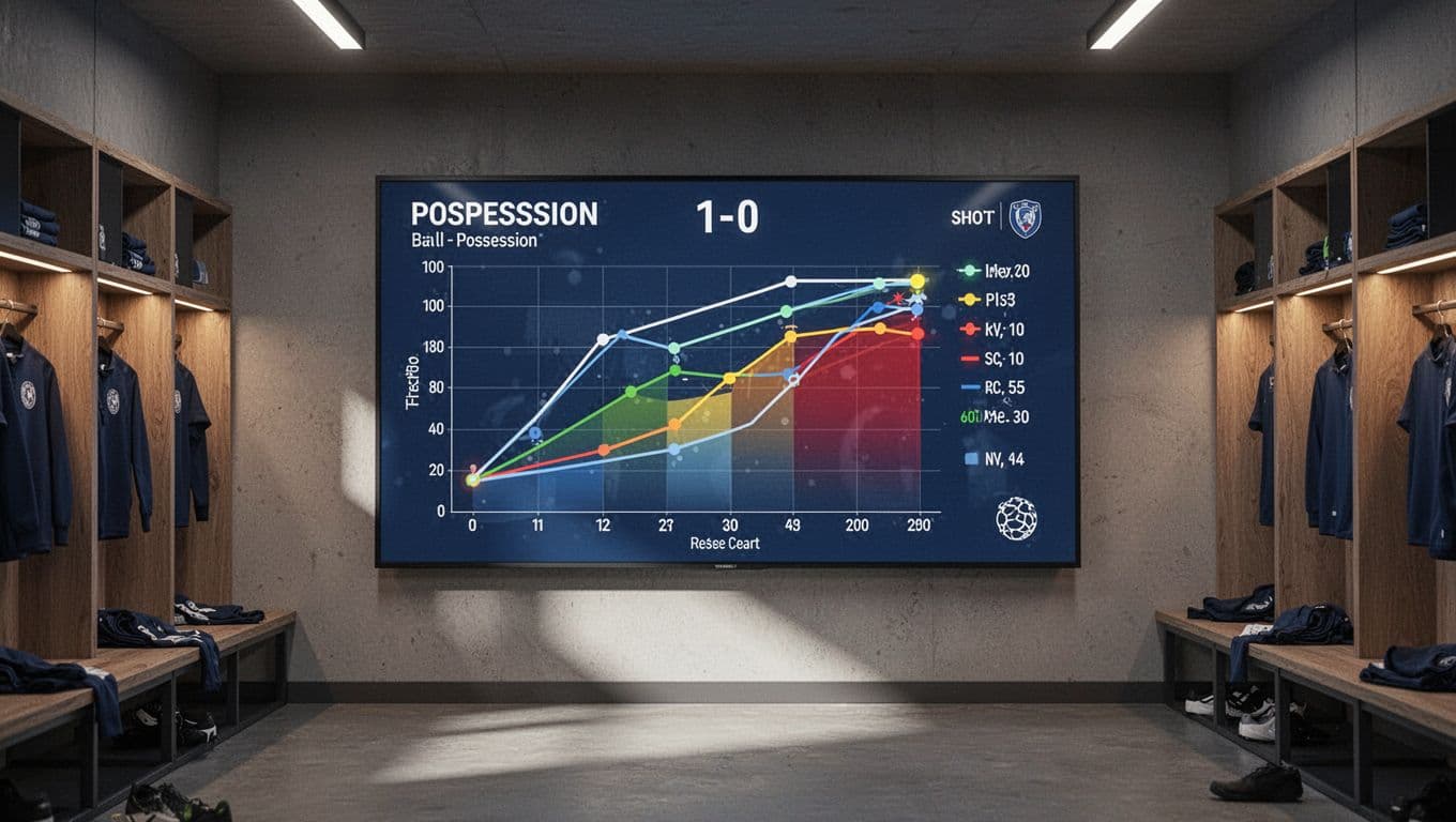 Layar monitor digital menampilkan grafik penguasaan bola serta statistik tembakan yang mendetail di dalam ruang ganti stadion modern. Pencahayaan lembut menonjolkan tampilan grafis profesional yang terpasang rapi pada dinding ruangan tersebut.