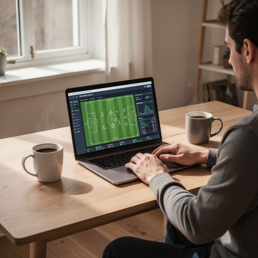 Seseorang sedang meninjau data statistik pertandingan sepak bola di laptop di atas meja kerja kayu.