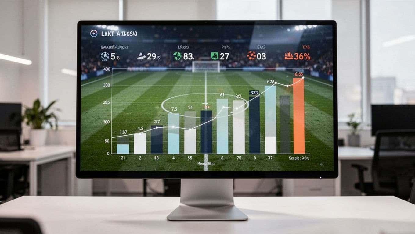 Layar komputer menampilkan grafik batang berwarna yang merepresentasikan data performa atlet di atas latar belakang kantor yang buram. Detail visual mencakup angka-angka terstruktur dan elemen grafis yang menunjukkan metrik analisis pertandingan profesional.