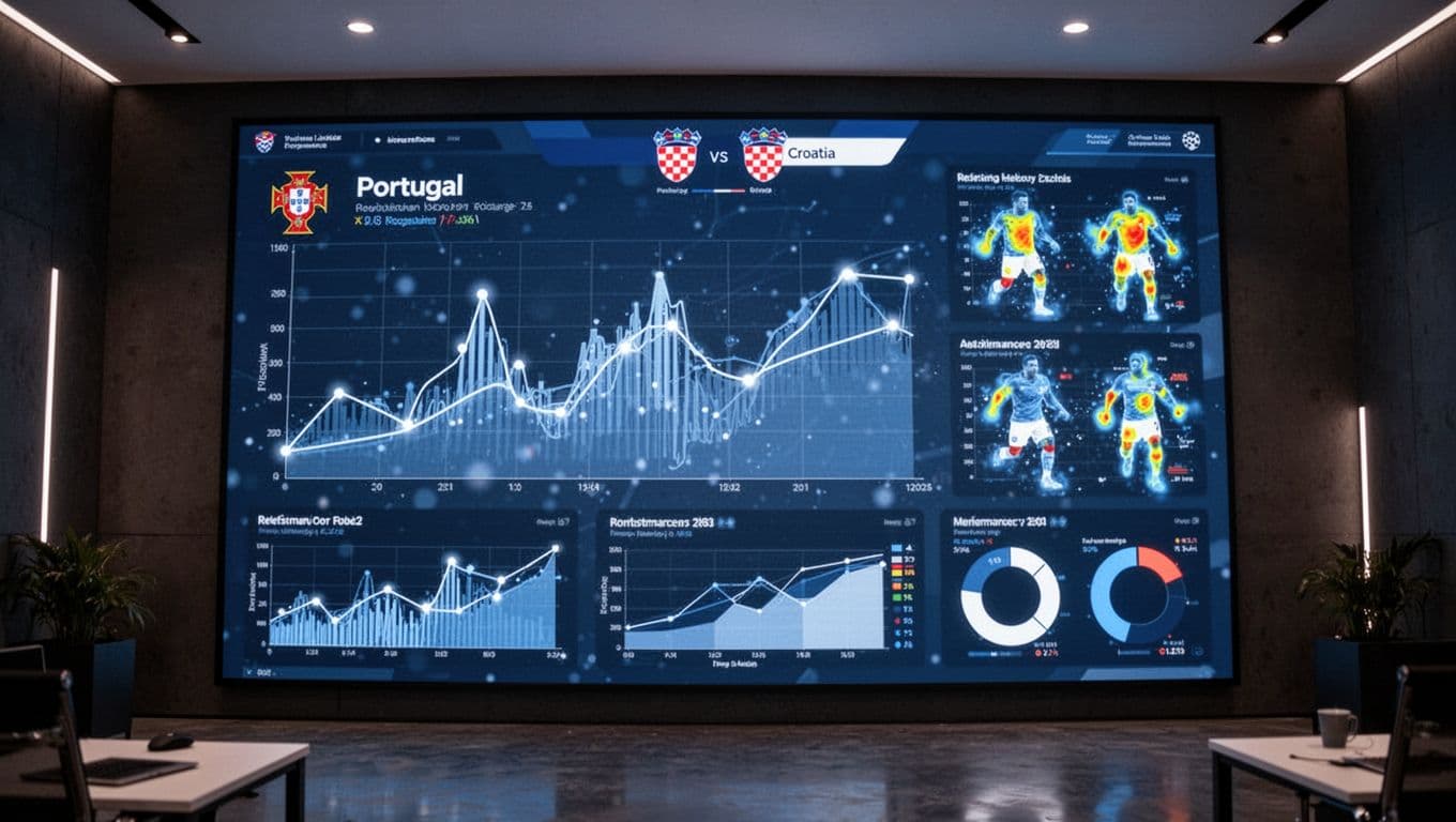 Layar digital besar menampilkan peta panas pergerakan pemain dan grafik statistik performa dalam rona biru yang kontras. Tampilan teknis ini tersaji di dalam ruang kerja analisis sepak bola yang redup dan profesional.