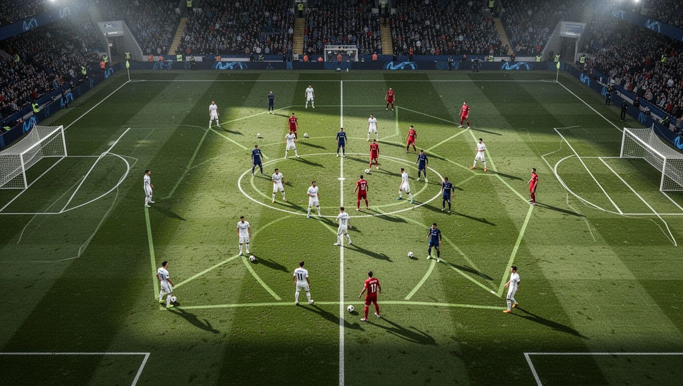 Dua tim profesional bersaing memperebutkan bola di tengah lapangan hijau yang terang. Pemain dari kedua kesebelasan saling menjaga posisi dalam formasi strategis di bawah sorotan lampu stadion yang sangat intens.