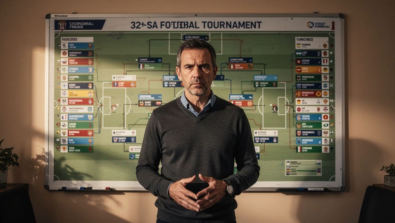 Seorang analis sepak bola berdiri dengan ekspresi serius di depan papan taktik besar. Papan tersebut menampilkan bagan turnamen 32 tim dalam sebuah ruangan dengan pencahayaan hangat yang mendukung suasana kerja profesional.