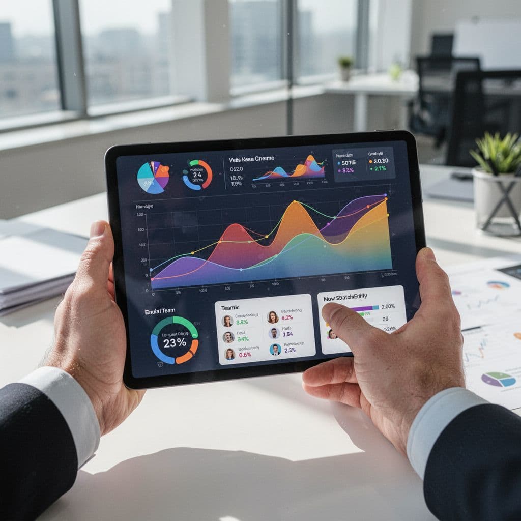Close-up of hands holding tablet displaying abstract colorful performance charts and team statistics in bright modern office.