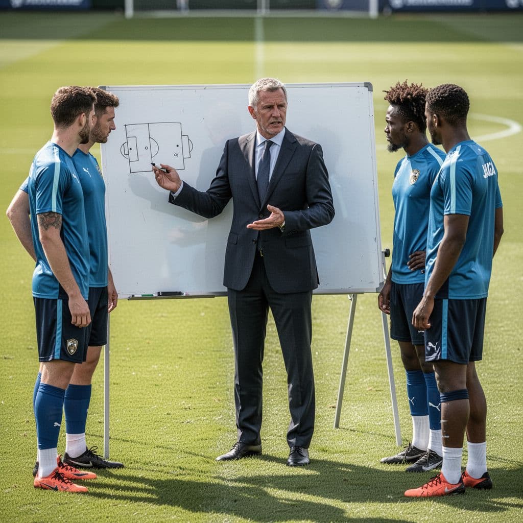 A coach in a suit explains tactics on a whiteboard to three focused players on a field.