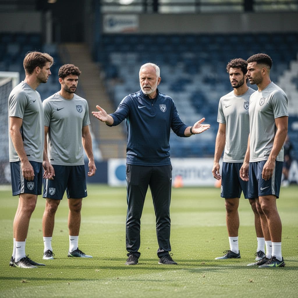 A football manager stands on a pitch giving instructions to three focused players during training.