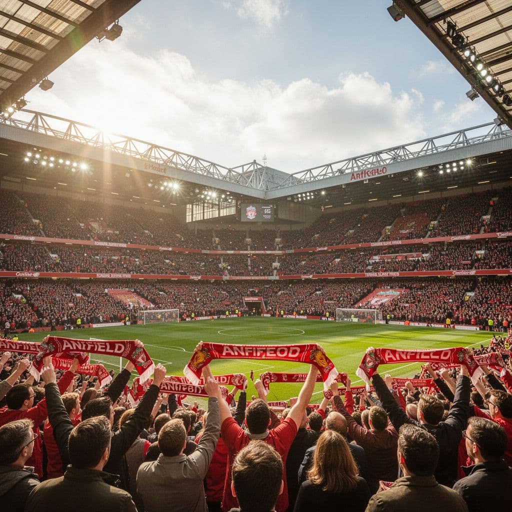 Thousands of football fans hold up scarves in a sunlit, packed Anfield stadium during an intense match.