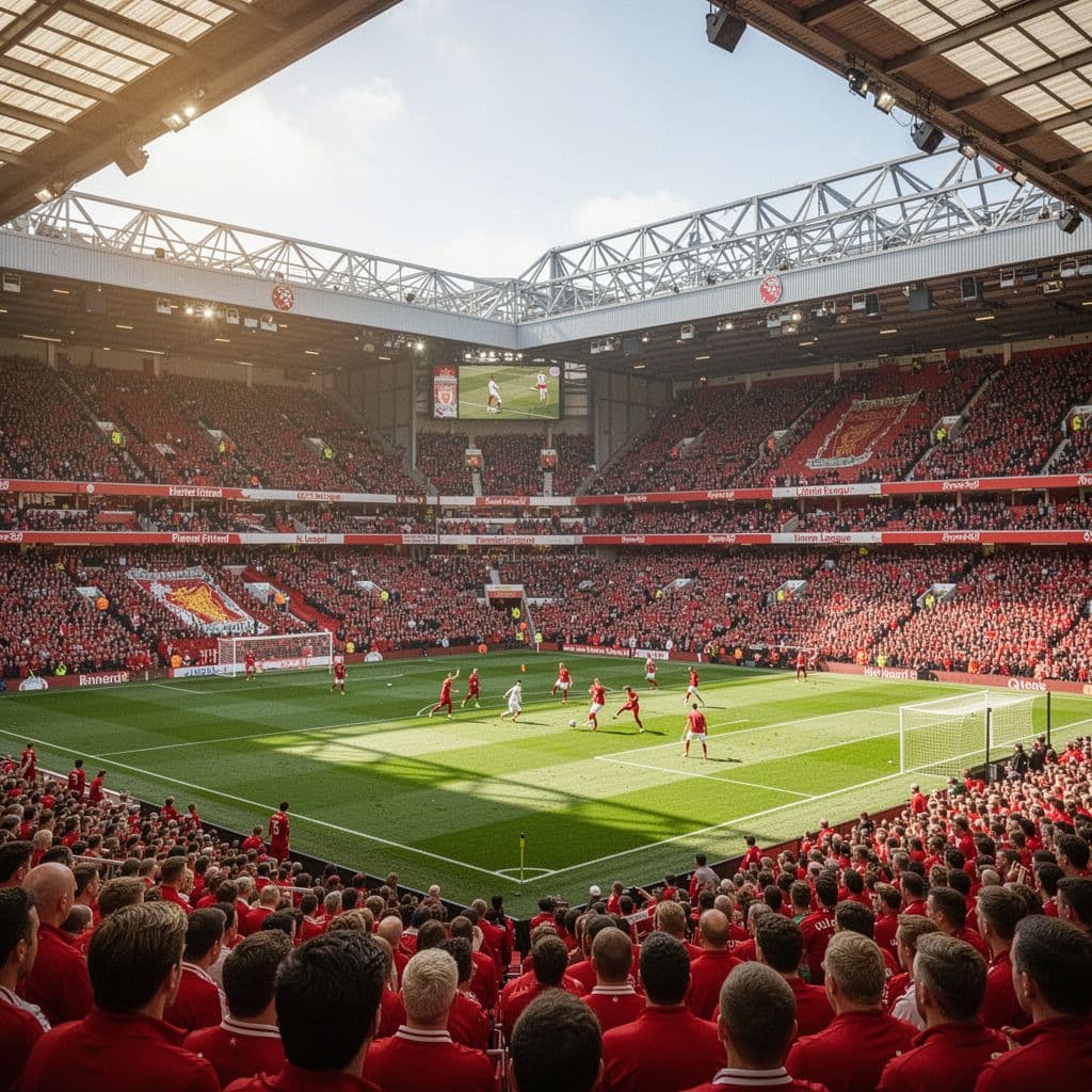 A wide angle view of a packed Anfield stadium during a sunny Premier League match.