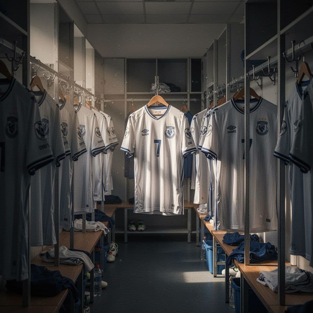 Jerseys hang in the professional locker room under dramatic shadows and bright overhead highlights.