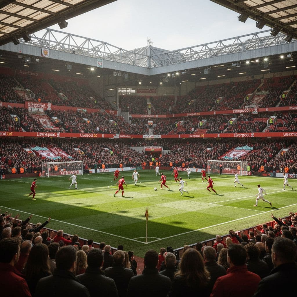 A high-angle view captures a football match in progress on the pitch at Anfield stadium.