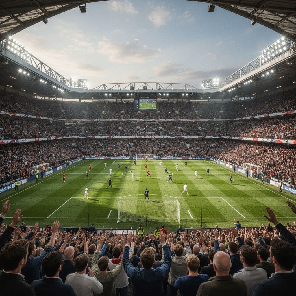 A wide view of a packed professional football stadium with cheering fans and a vibrant green pitch.