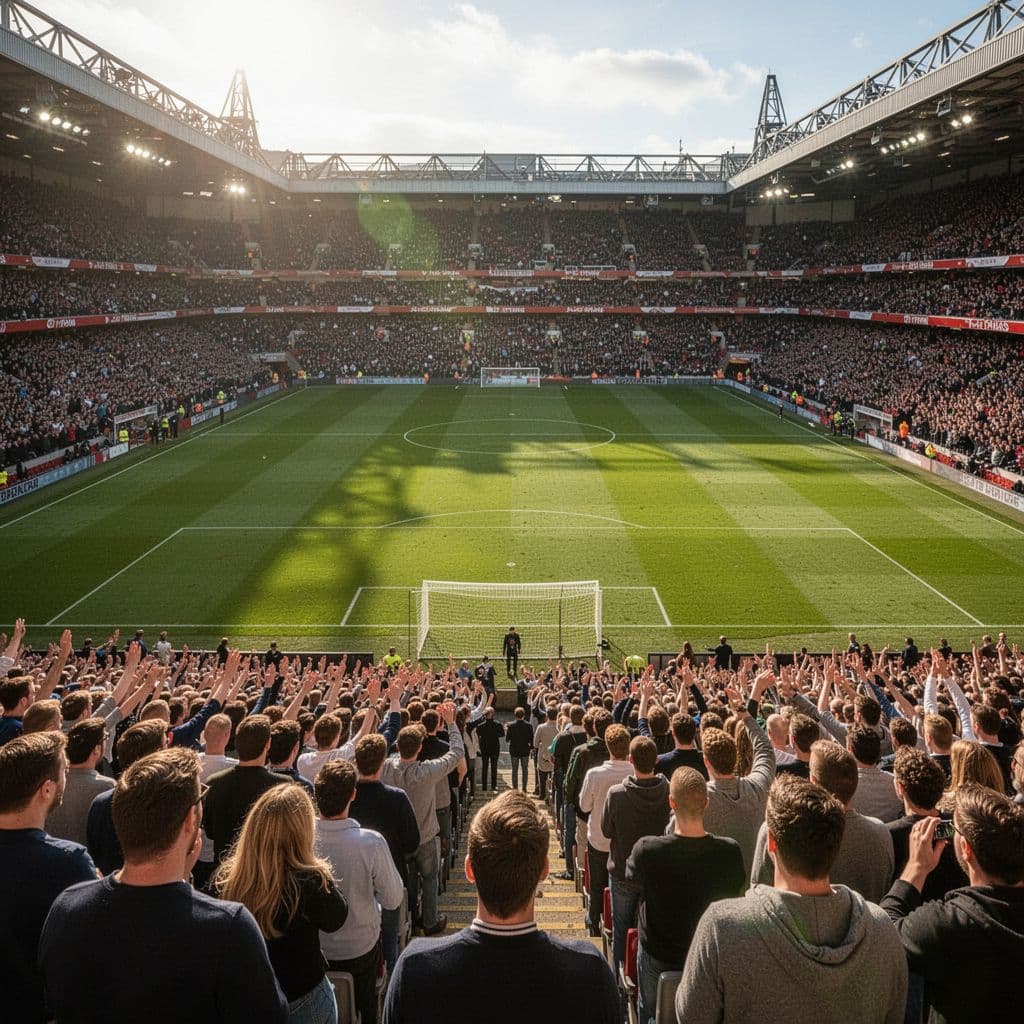A view from the stands overlooking a packed Anfield stadium during a sunny afternoon match.