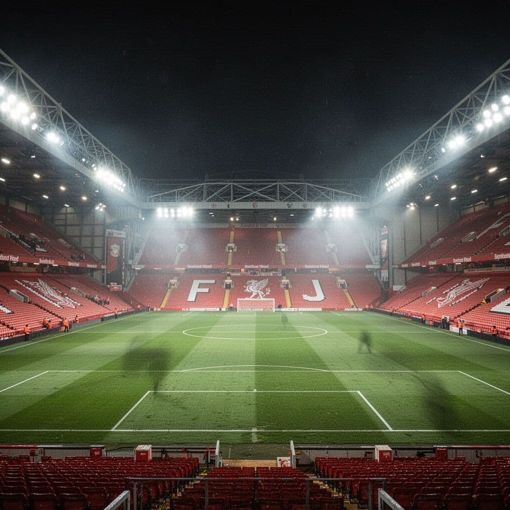 A wide view of an empty Anfield football pitch illuminated by bright stadium lights at night.