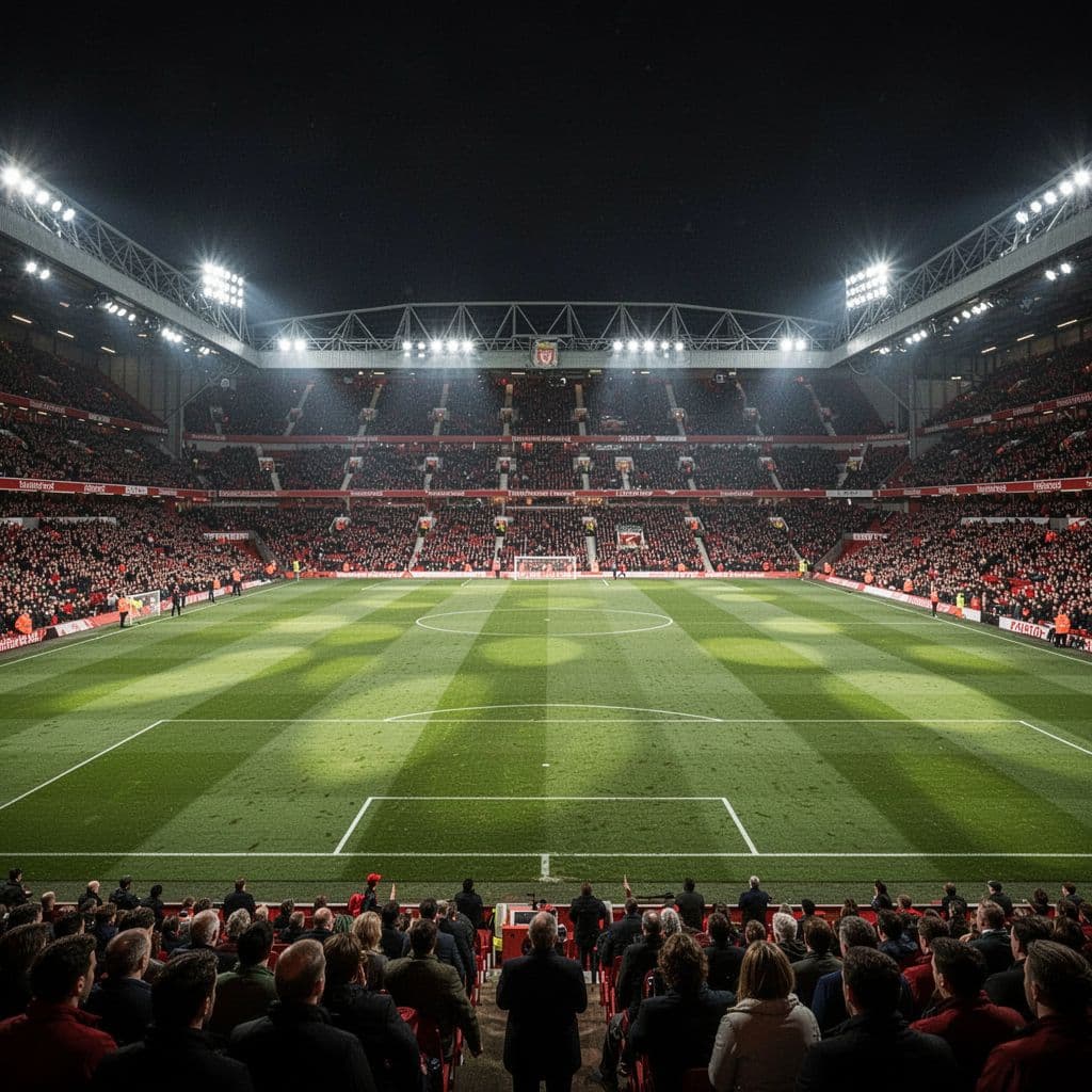 A view of an empty green football pitch illuminated by bright stadium lights at night.