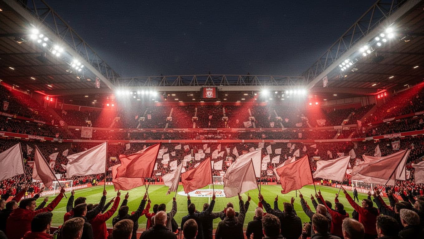 Anfield stadium at night with packed Liverpool fans waving flags under floodlights.