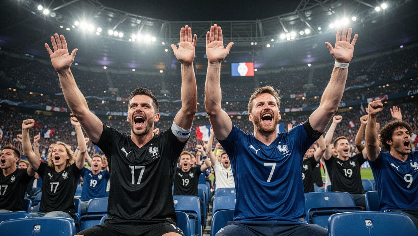 Three fans in black and blue jerseys cheer in stadium stands during Ligue 1 match.