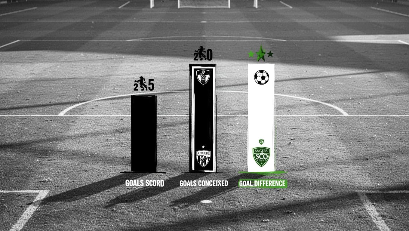 Black and white bar chart with green accents shows goals scored, conceded, and difference on subtle soccer pitch background.