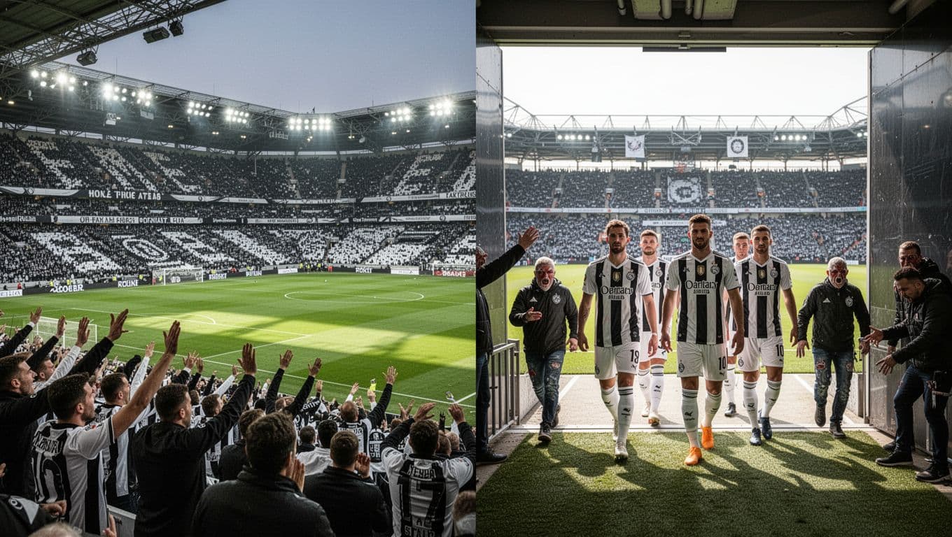 Left: packed Stade Raymond-Kopa with cheering black-and-white fans on green pitch under evening lights. Right: players walk out into daytime away stadium with sparse hostile fans.