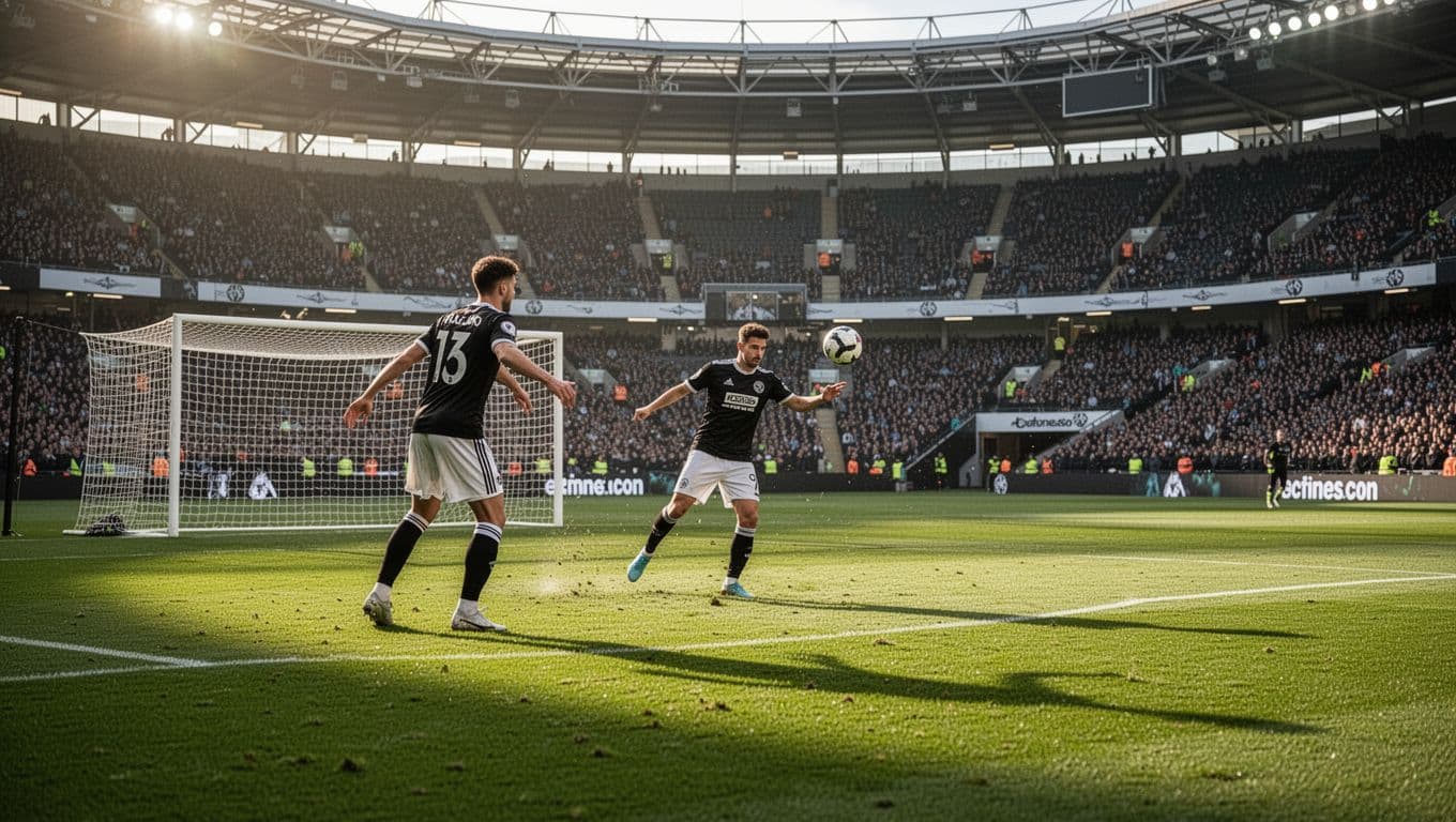 Angers SCO player in black-and-white kit shoots at goal in stadium.