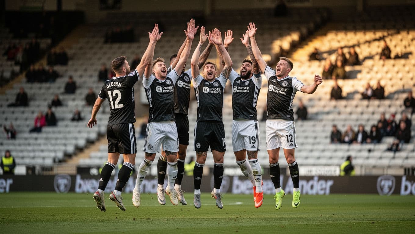 Angers SCO players in black-and-white kits jump with arms raised celebrating away win in blurred rival stadium.