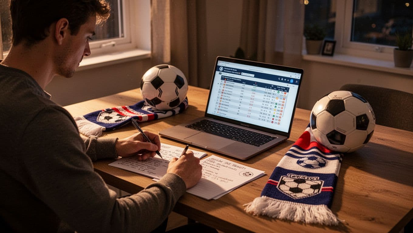 Person at home desk views angled laptop with nearby notes, soccer scarf, and ball in warm evening light.