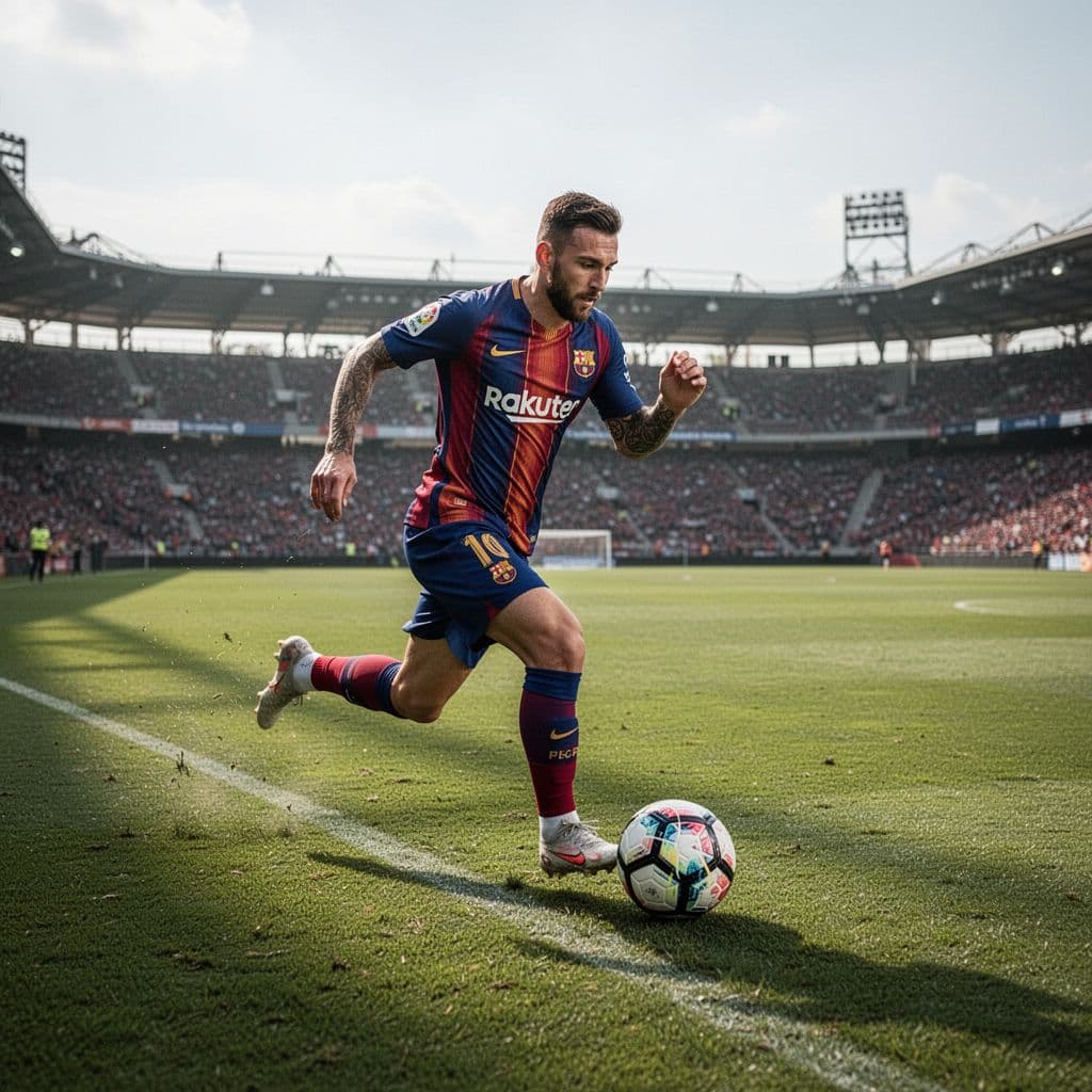 An athletic player in a bright blue team kit sprints down the vibrant green sideline while controlling a soccer ball. The blurry stadium background highlights his intense focus and speed.