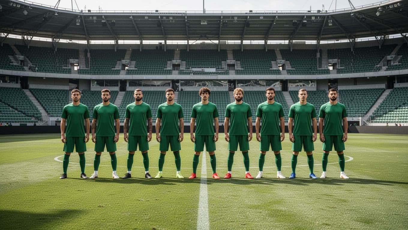 Eleven Arema FC players in green jerseys arranged in 4-3-3 formation on green soccer field with stadium stands behind.