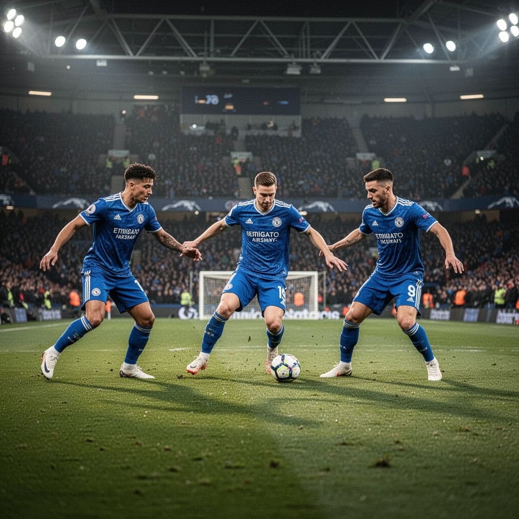 Three football players in blue kits coordinate an attacking play on a stadium pitch.