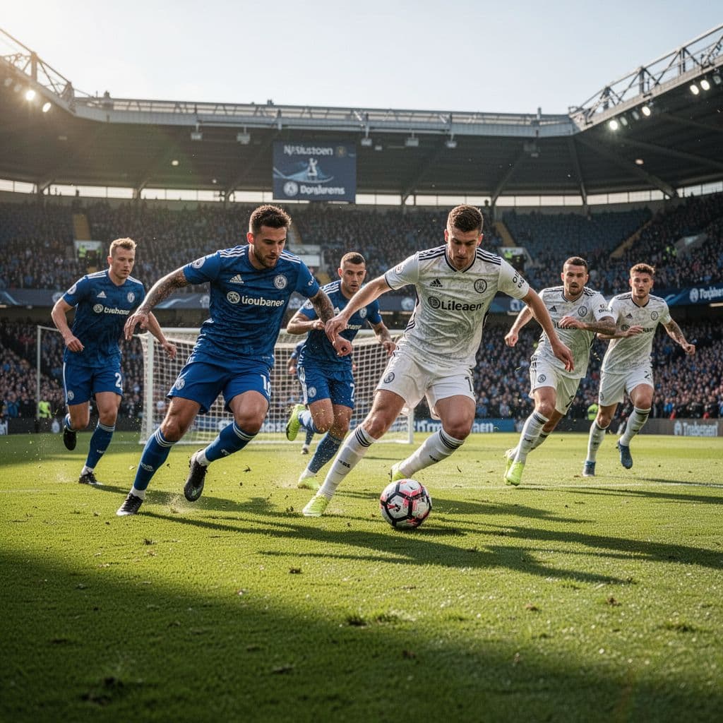 Players in blue and white kits sprint across the pitch during a professional football match.