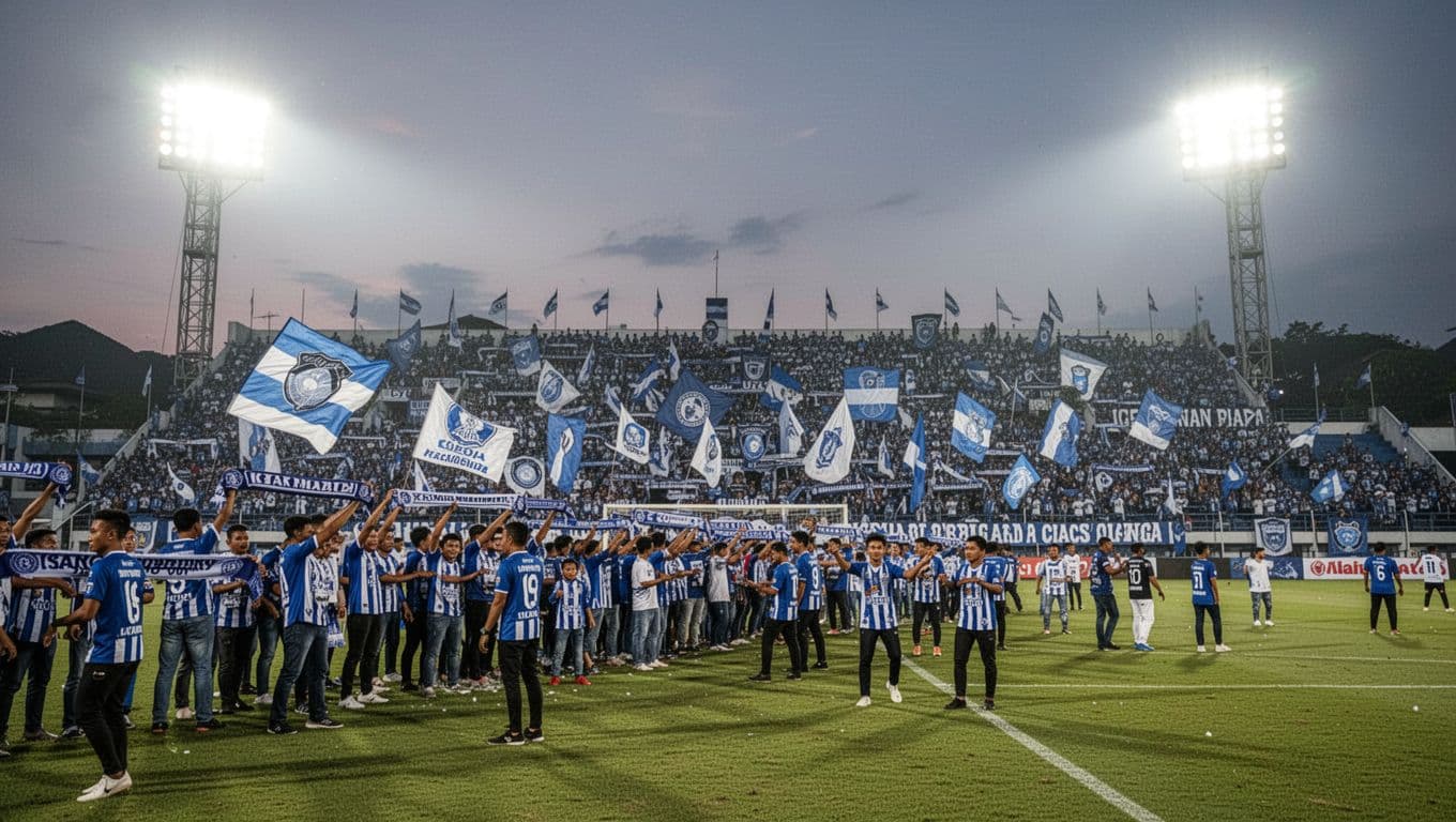 Malang stadium filled with Arema FC fans in blue and white jerseys waving flags and scarves under evening floodlights.