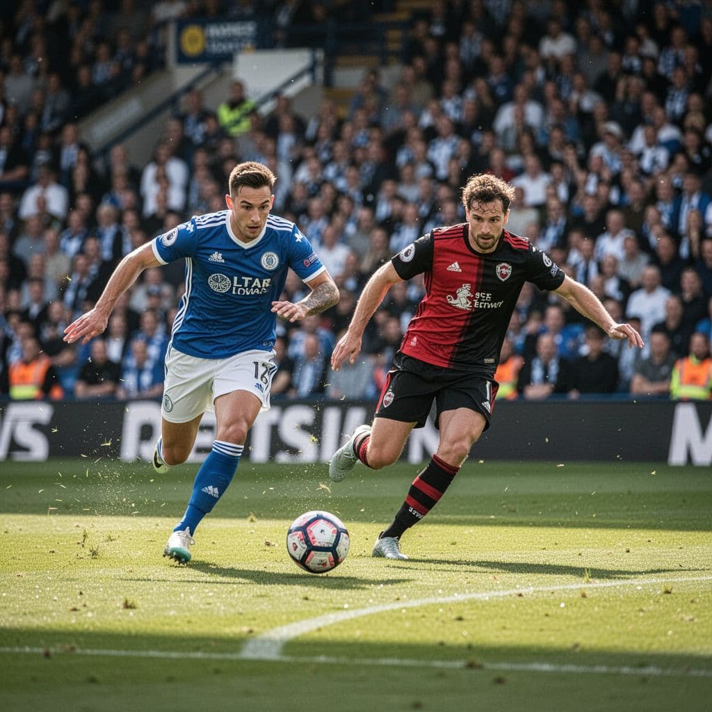 A player in a blue and white kit dribbles past a defender in red and black.