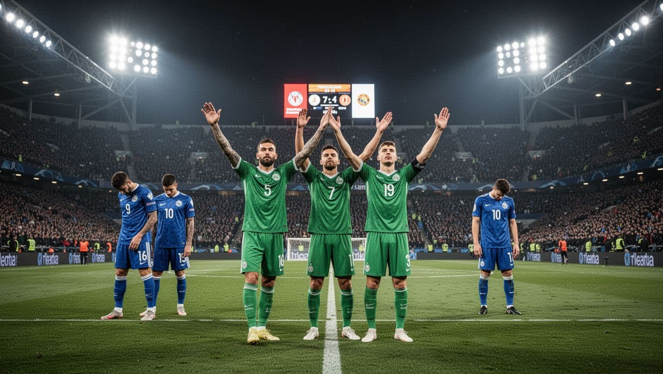 Two Arema players in green jerseys celebrate a goal under floodlights while PSBS in blue look dejected, scoreboard shows 1-2.