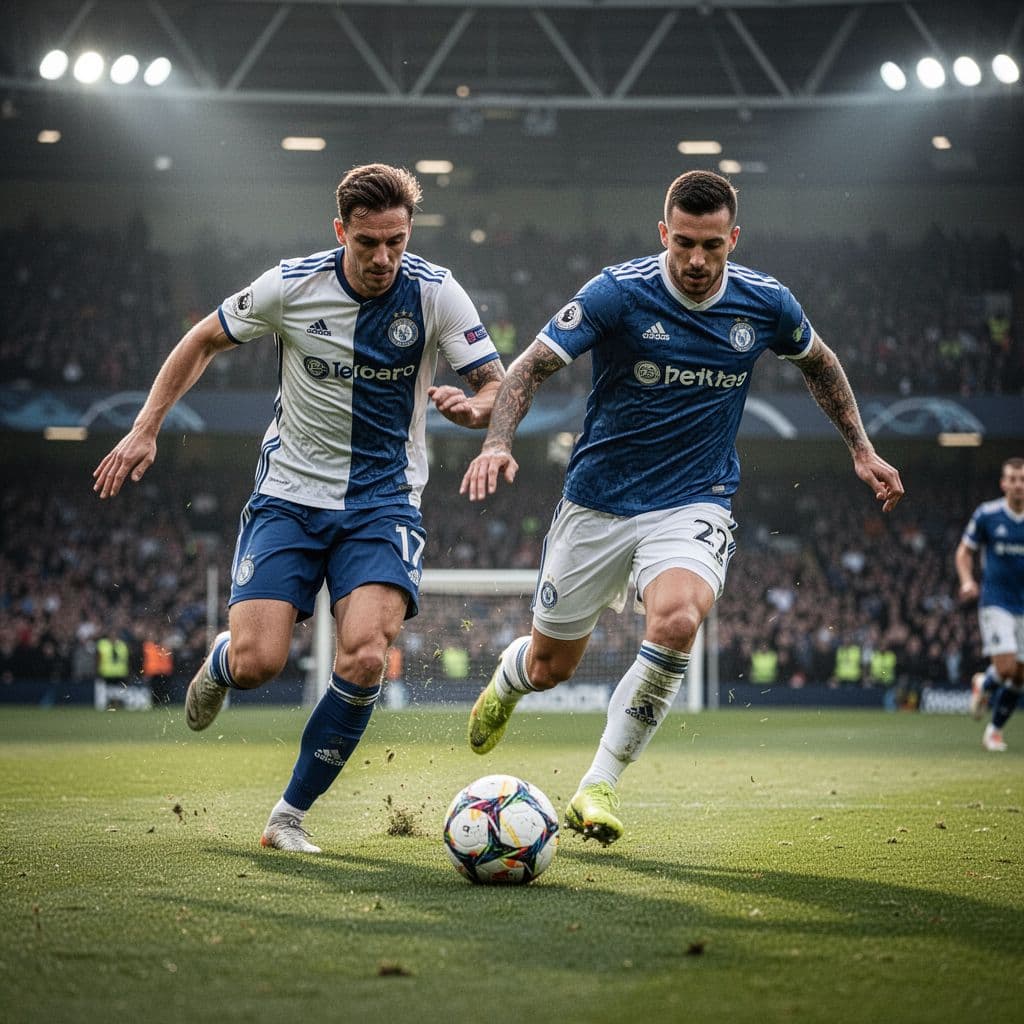 Two soccer players contest for ball possession on a professional stadium field.
