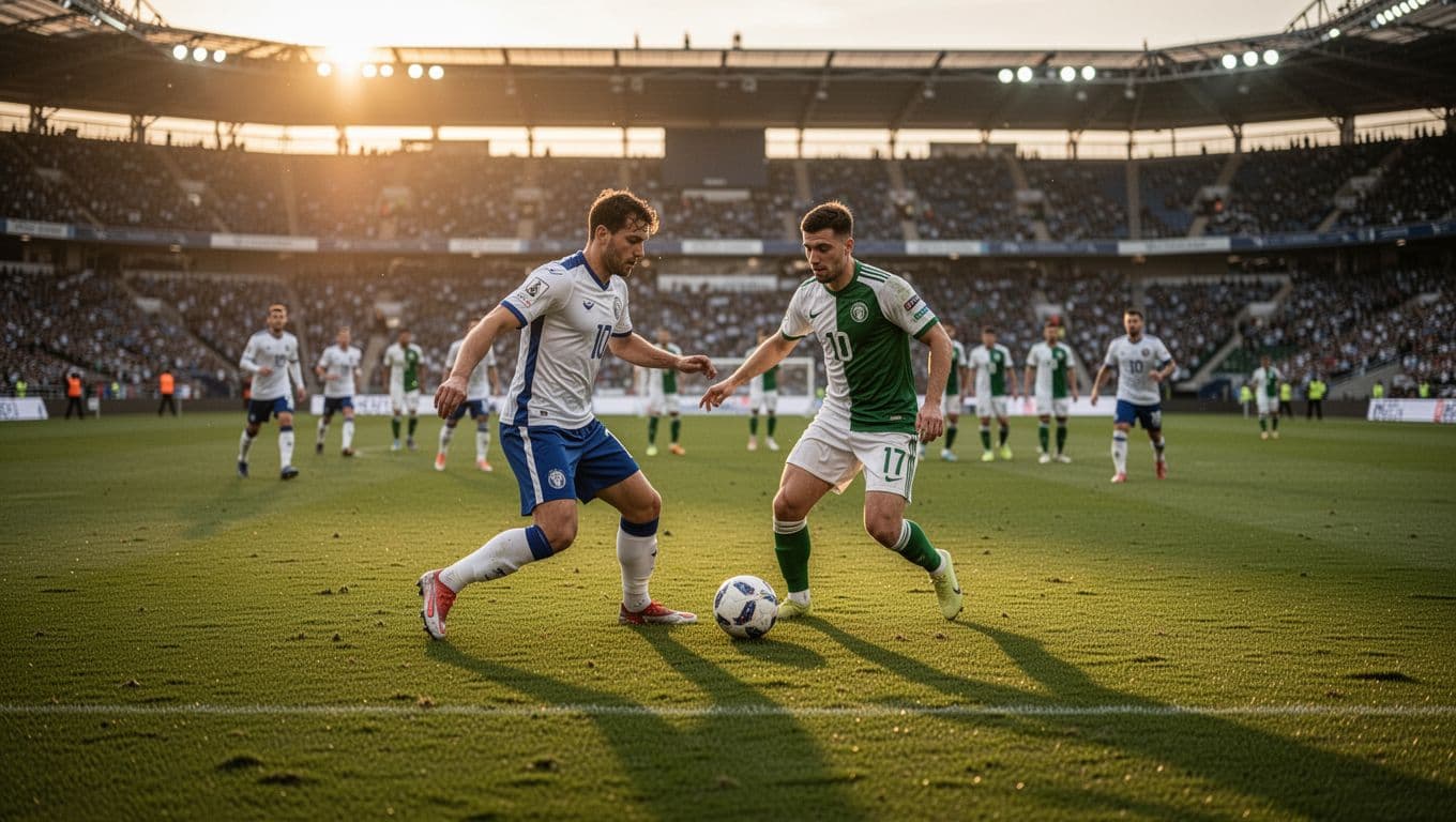 Two athletes in blue-white and green-white uniforms stand across a lush grass pitch during a stadium sunset. They are positioned as tactical focal points amidst a wide, empty field layout.