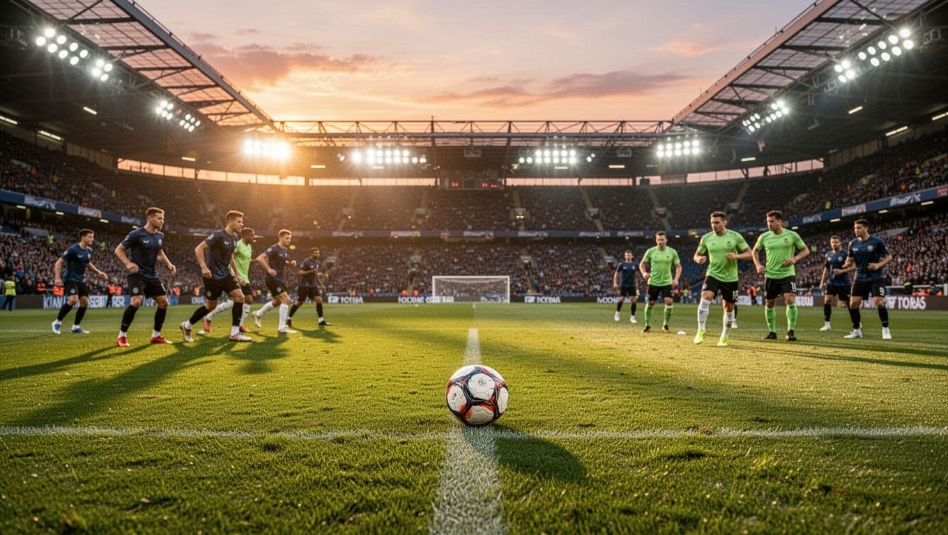 Players from two competing teams stretch on opposite sides of the grass pitch under golden sunset light. A solitary football sits centered in the frame as stadium lights illuminate the arena.
